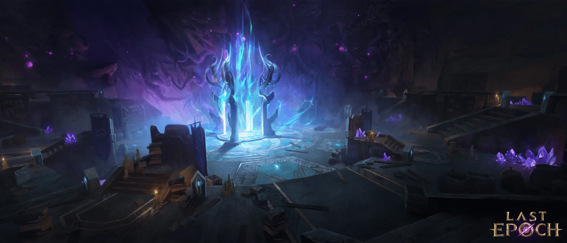 Official Last Epoch environment art with a glowing blue monolith