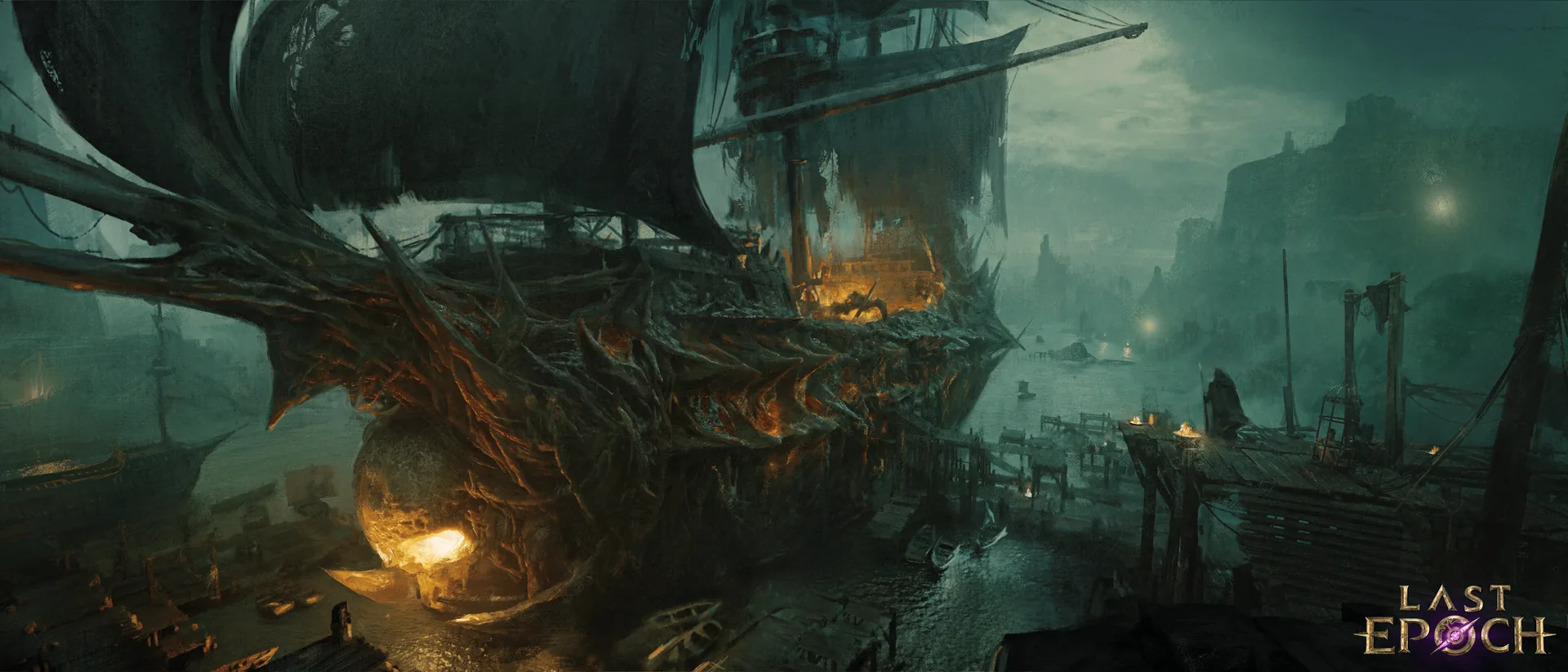 Official Last Epoch environment art with a dragon above a harbor