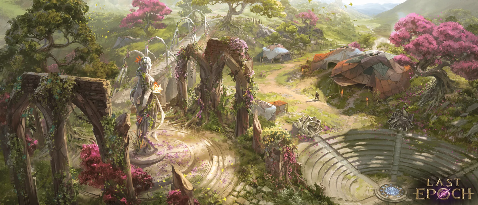 Official Last Epoch environment art with flowering trees and stone paths